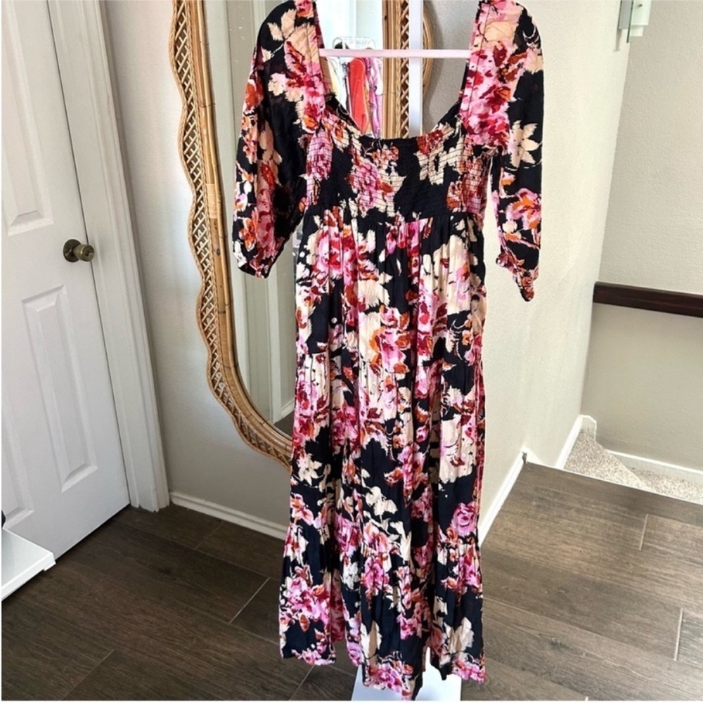 Anthropologie Somerset Puff-Sleeve Maxi Dress Black Pink Floral Tiered M NWT - Picture 4 of 7